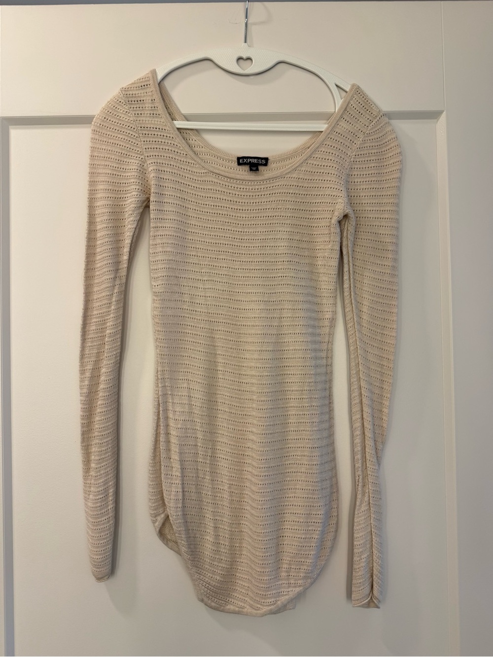 Express Long Sleeve Open-Knit Scoop Neck Top - Cream